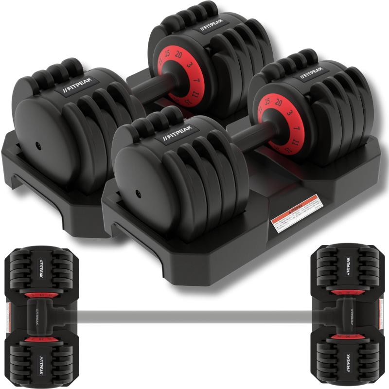 FITPEAK 可変式ダンベル 20kg 2個セット【1.1秒で重量変更可能】 ホームジム アジャスタブルダンベル 調節可能ダンベル 3kg 7kg 11kg 15kg 20kg 5段階調節