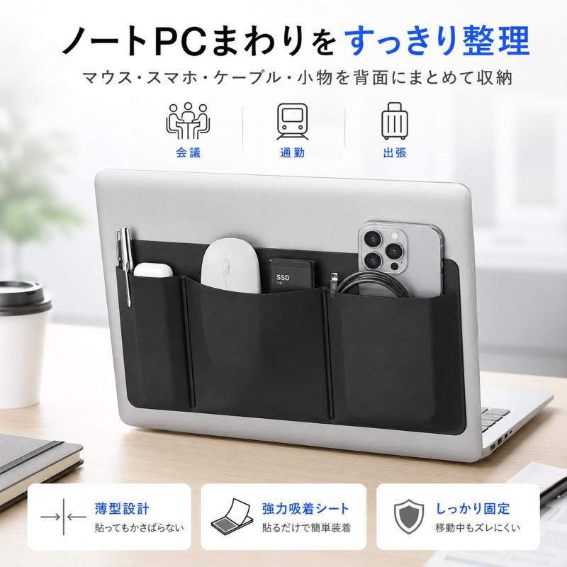 Festov ノートパソコン ガジェット ポケット 貼り付け 収納ポケット PC背面収納 3ポケット 薄型 ブラック PCポーチ マウス ケーブル boardermkt-10034365 ボーダーマーケット サンプル画像2