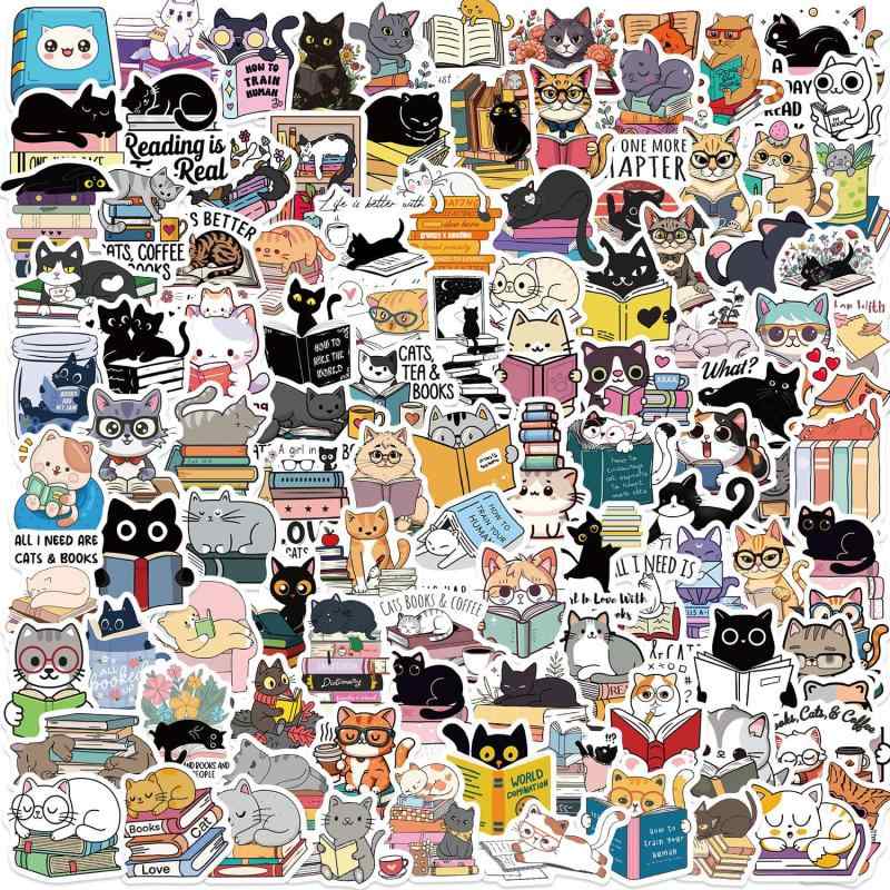猫と本のステッカー105枚セット かわいいビニール製防水ステッカーで、読書好き、スクラップブッキング、手帳、ノートパソコン、水筒など、様々な用途に 猫好きや愛書家へのプレゼント
