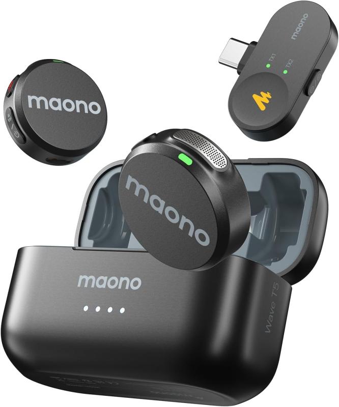 MAONO USB Type-C-ピンマイク-ワイヤレスマイク-9g超軽量-48Khz/24Bit-Maono Link APP-ノイズキャンセリング-30時間録音-300m転送距離-パソコン/iPhone16/15/Android用 YouTube/Vlog撮影/ストリーミング用-Wave T5（2TX+1RX+充電ケース）
