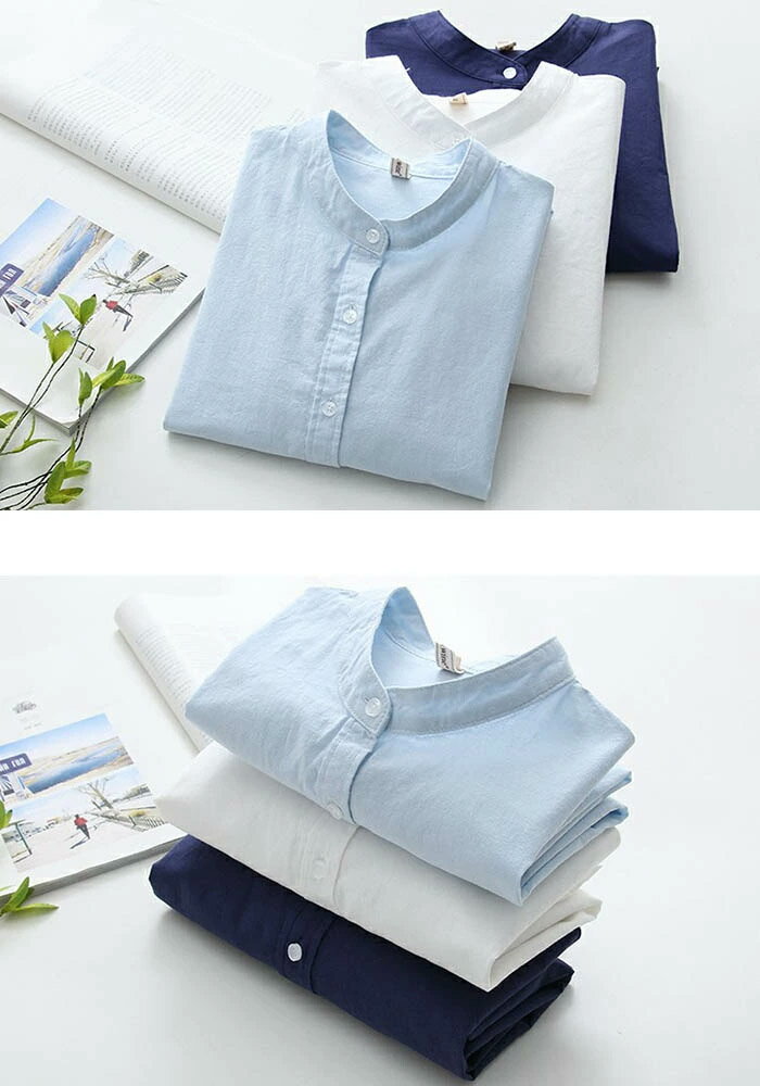 M〜LL シャツ スタンドカラー ブラウス コットン 綿 大きいサイズ 体型カバー トップス 秋 春 レディース無地 通勤