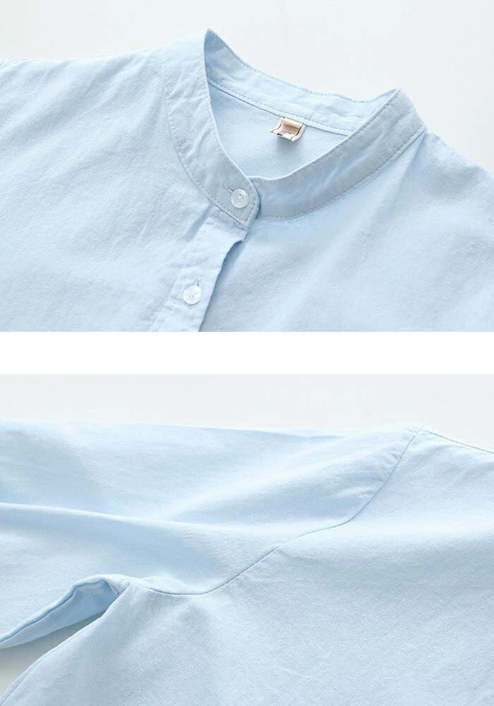 M〜LL シャツ スタンドカラー ブラウス コットン 綿 大きいサイズ 体型カバー トップス 秋 春 レディース無地 通勤