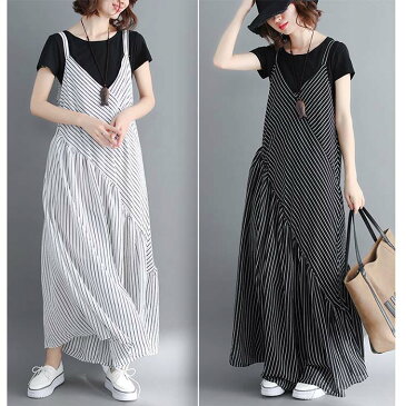 サロペット レディース ワイドパンツ サロペ Vネック オールインワン サロペット サロペ 体型カバー ストライプ 大きいサイズ ワイドパンツ ワイド ワンピース パンツ ワンピ 夏 春