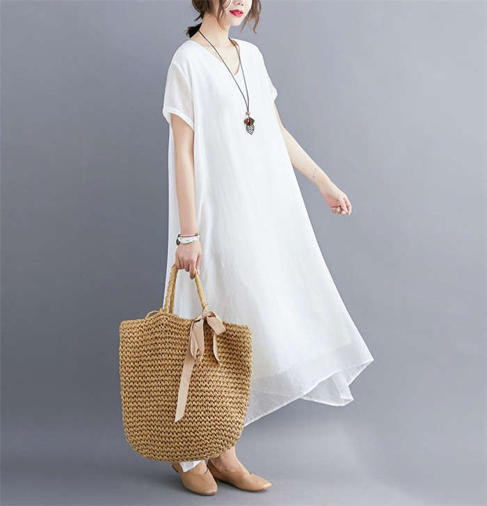 ワンピース レディース ロング ロングワンピース 春 夏 半袖 ミモレ丈 Vネック 大きいサイズ シンプル 涼しい フレア Aライン 涼感 裏地 上品 大人 おしゃれ 綿 コットン ふんわり 体型カバー ゆったり 楽ちん 可愛い フェミニン エレガント ナチュラル