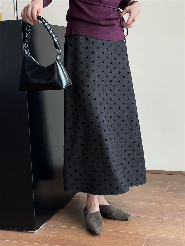 スカート レディース ボトムス ロングスカート 春 秋 冬 ドットスカート オフィス 着やせ 体型カバー Aライン ドット柄 ウエストゴム ビジネス 通勤 落ち感 モード フェミニン 可愛い キレイめ エレガント カジュアル おしゃれ 上品 お出かけ 女子会 20代 30代 40代
