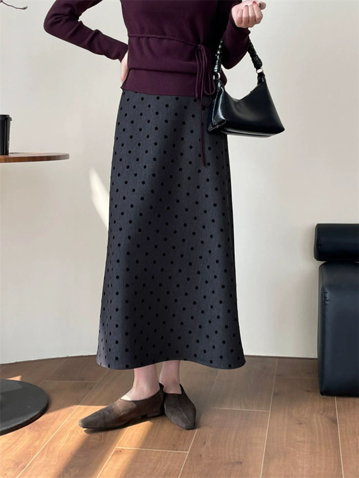 スカート レディース ボトムス ロングスカート 春 秋 冬 ドットスカート オフィス 着やせ 体型カバー Aライン ドット柄 ウエストゴム ビジネス 通勤 落ち感 モード フェミニン 可愛い キレイめ エレガント カジュアル おしゃれ 上品 お出かけ 女子会 20代 30代 40代