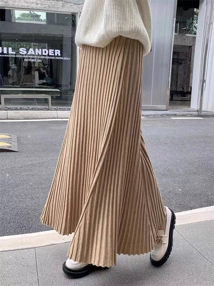 スカート レディース プリーツ ロング丈 ニット 落ち感 春秋 ウエストゴム ハイウエスト ボトムス 脚長効果 細見え 着痩せ Aライン 着回し 体型カバー カジュアル オフィス シンプル 無地 ゆったり 柔らかい OL 通勤 着回し エレガント お出かけ お呼ばれ