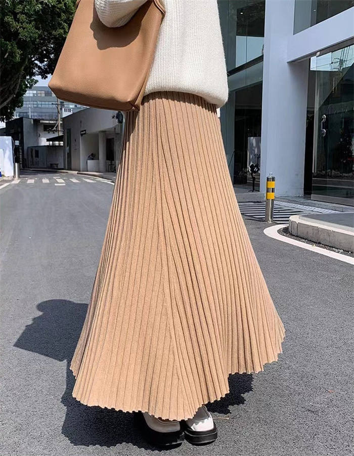 スカート レディース プリーツ ロング丈 ニット 落ち感 春秋 ウエストゴム ハイウエスト ボトムス 脚長効果 細見え 着痩せ Aライン 着回し 体型カバー カジュアル オフィス シンプル 無地 ゆったり 柔らかい OL 通勤 着回し エレガント お出かけ お呼ばれ