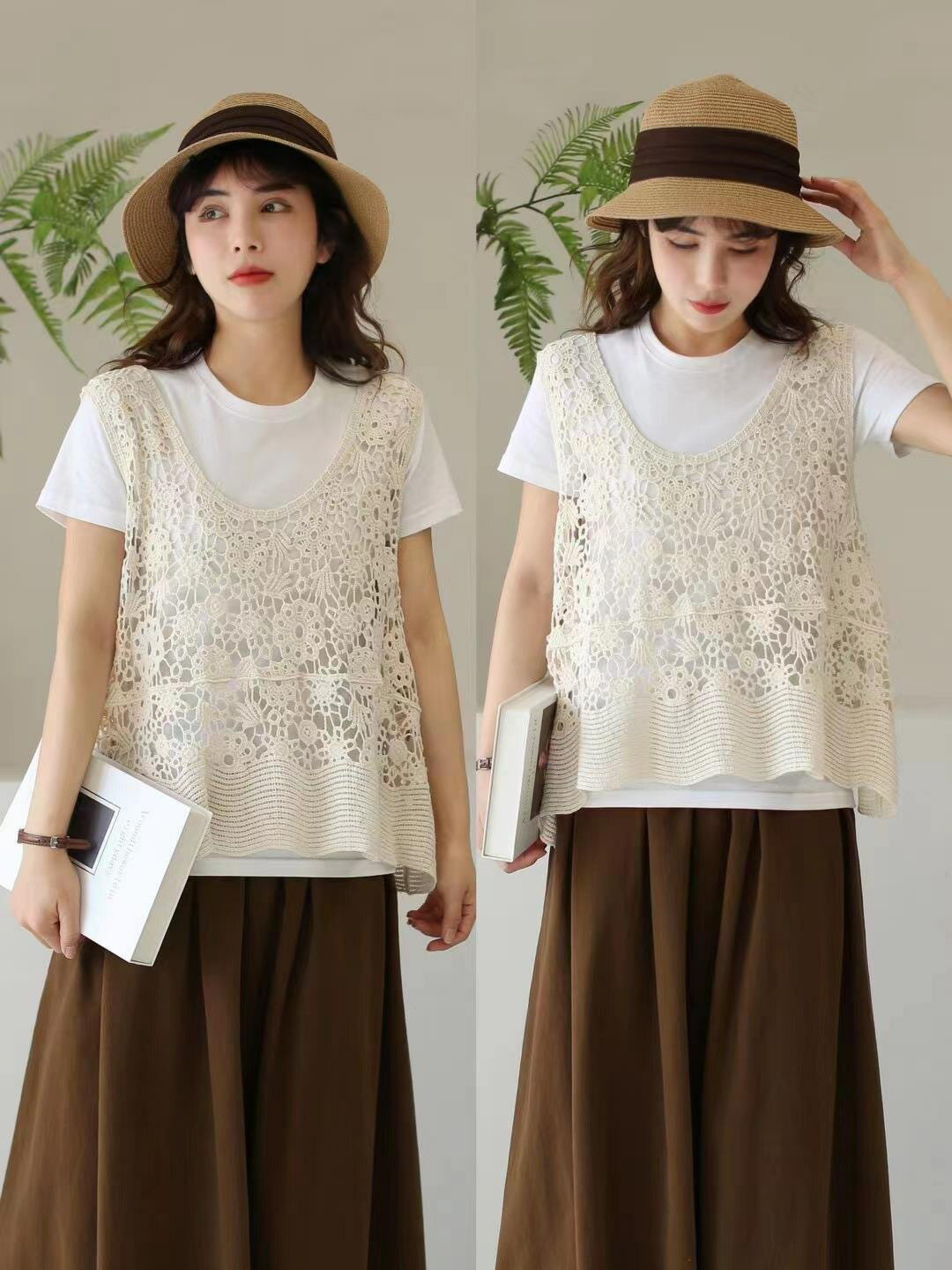 ベスト レディース 春夏 透かし編み サマーニット レース おしゃれ トップス 花柄 ノースリーブ ニットベスト プルオーバー Vネック レイヤード 重ね着 袖なし きれいめ フリーサイズ カジュアル かわいい服 大人可愛い
