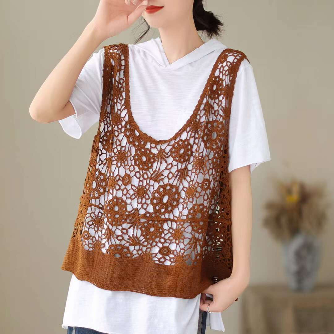 ベスト レディース 春夏 透かし編み サマーニット レース おしゃれ トップス 花柄 ノースリーブ ニットベスト プルオーバー Vネック レイヤード 重ね着 袖なし きれいめ フリーサイズ カジュアル かわいい服 大人可愛い