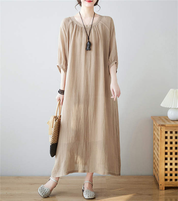 ワンピース 半袖 夏 レディース きれいめ リゾートワンピース クルーネック 薄手 透け感 大人 マキシ丈スカート ロングスカート 楽ちん ゆったり カジュアル お洒落 プルオーバー 体型カバー リラックス 母の日 30代 40代 50代 60代 キャメル グリーン L XL