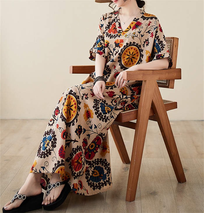 ワンピース 夏 半袖 きれいめ エスニック風 総柄 マキシワンピース レディース リゾートワンピース 膝下丈 薄手 大人 マキシ丈 ロング 楽ちん ゆったり カジュアル お洒落 プルオーバー 体型カバー リラックス 30代 40代 50代 60代 F