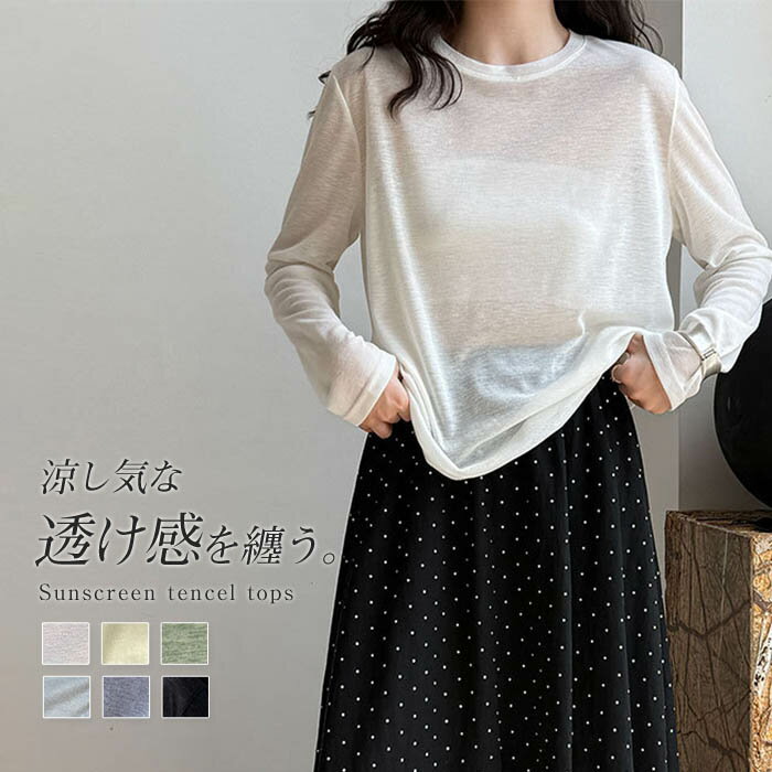 シアートップス カットソー 長袖 レディース きれいめ トップス サマー 薄手 シースルー クルーネック tシャツ ロンT 重ね着 レイヤード コーデ カジュアル 体型カバー ストレッチ 着回し 無地 柔らかい 普段着 オフィス シンプル アイボリー ブルー グレー ブラック Fのサムネイル