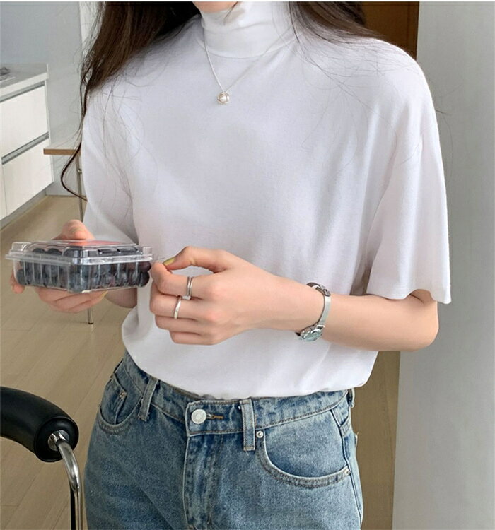 カットソー 半袖 レディース きれいめ tシャツ ハイネック ブラウス トップス 薄手...