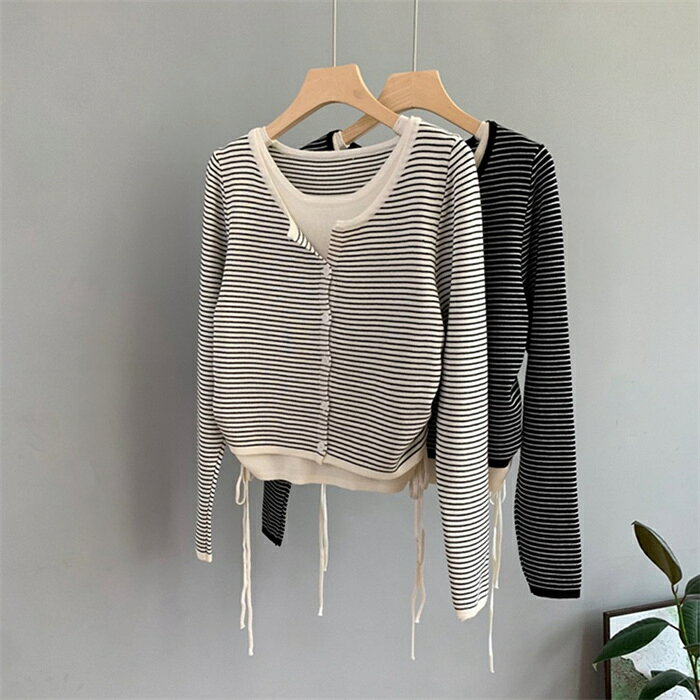 カットソー レディース ニット 秋冬 セーター ボーダー 長袖 トップス プルオーバー トレーナー ボーダーセーター 長袖tシャツ クルーネック おしゃれ 秋ニット レイヤード風 重ね着 きれいめ カジュアル ホワイト ブラック F bobi-10023095 BOBI サンプル画像2