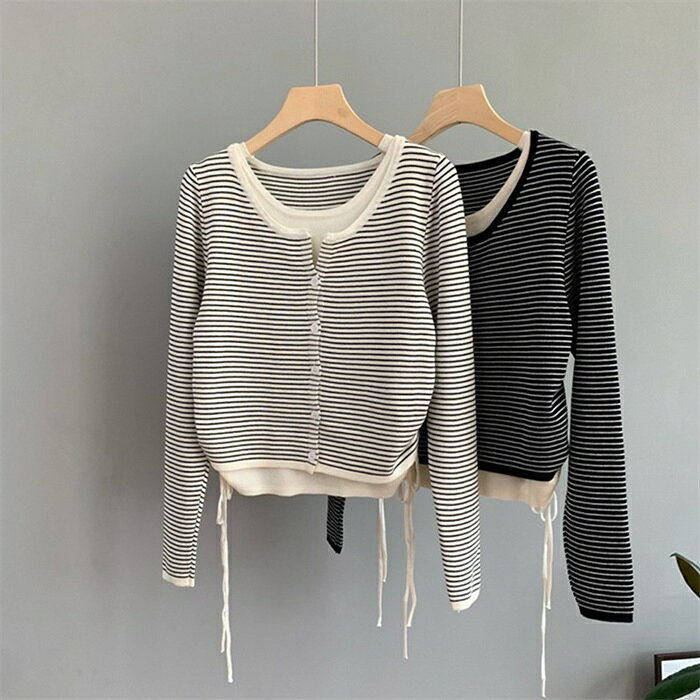 カットソー レディース ニット 秋冬 セーター ボーダー 長袖 トップス プルオーバー トレーナー ボーダーセーター 長袖tシャツ クルーネック おしゃれ 秋ニット レイヤード風 重ね着 きれいめ カジュアル ホワイト ブラック F bobi-10023095 BOBI サンプル画像3