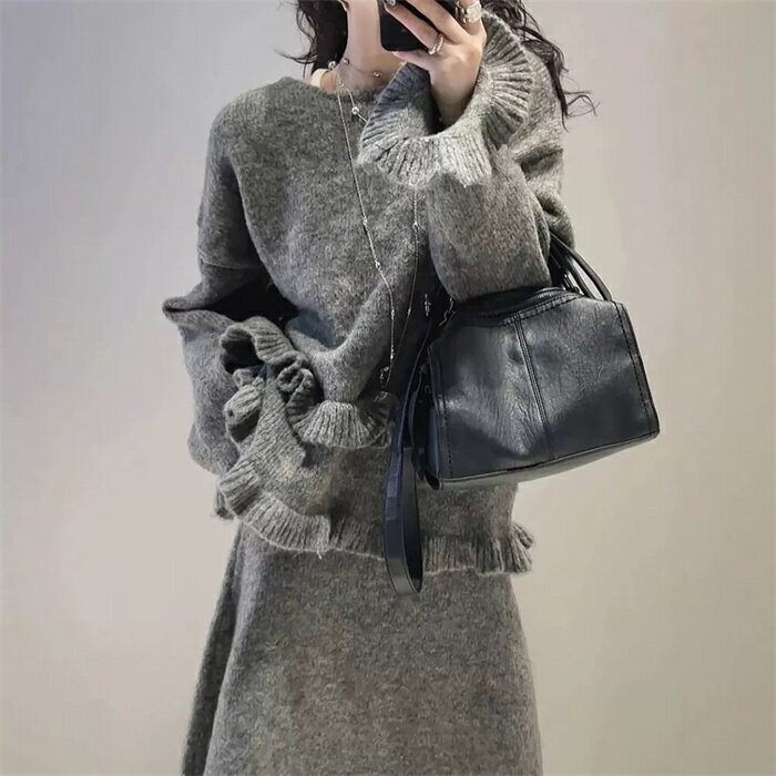 ニット セットアップ レディース 秋冬 クルーネック トップス スカート 2点セット ニットスカート 暖か 防寒 セーター 長袖 ロング 厚手 おしゃれ 大人 きれいめ かわいい ロングスカート 上下セット スカートスーツ 体型カバー グレー アイボリー ブルー F