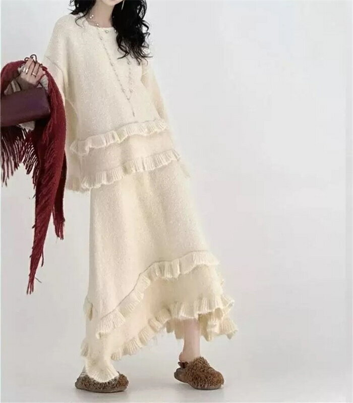 ニット セットアップ レディース 秋冬 クルーネック トップス スカート 2点セット ニットスカート 暖か 防寒 セーター 長袖 ロング 厚手 おしゃれ 大人 きれいめ かわいい ロングスカート 上下セット スカートスーツ 体型カバー グレー アイボリー ブルー F