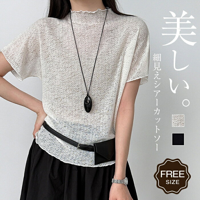 Rakuten - シアートップス レディース シアーカットソー ブラウス Tシャツ レディース 半袖 夏 トップス ハイネック カットソー シアー 透け感 ゆったり きれいめ 可愛い ショート丈 体型カバー お洒落 着回し 大人 20代 30代 40代 50代 ベージュ ブラック F