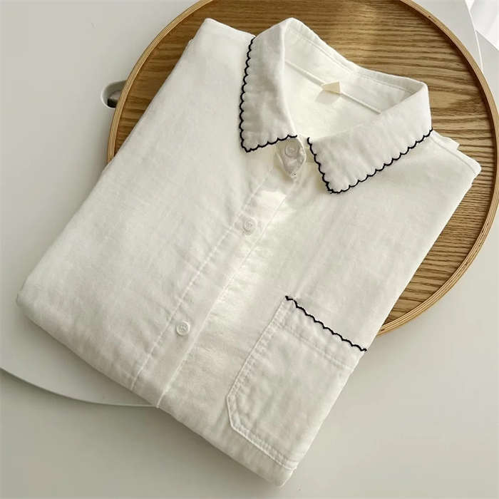 シャツ ブラウス レディース 長袖 綿100％ ガーゼ シャツブラウス ダブルガーゼ トップス チュニック 折り襟 無地 コットン100% 2重ガーゼ ベーシック フォーマル 体型カバー 通気性良い 通勤 オフィス ビジネス OL 大人 カジュアル 可愛い ホワイト S M L