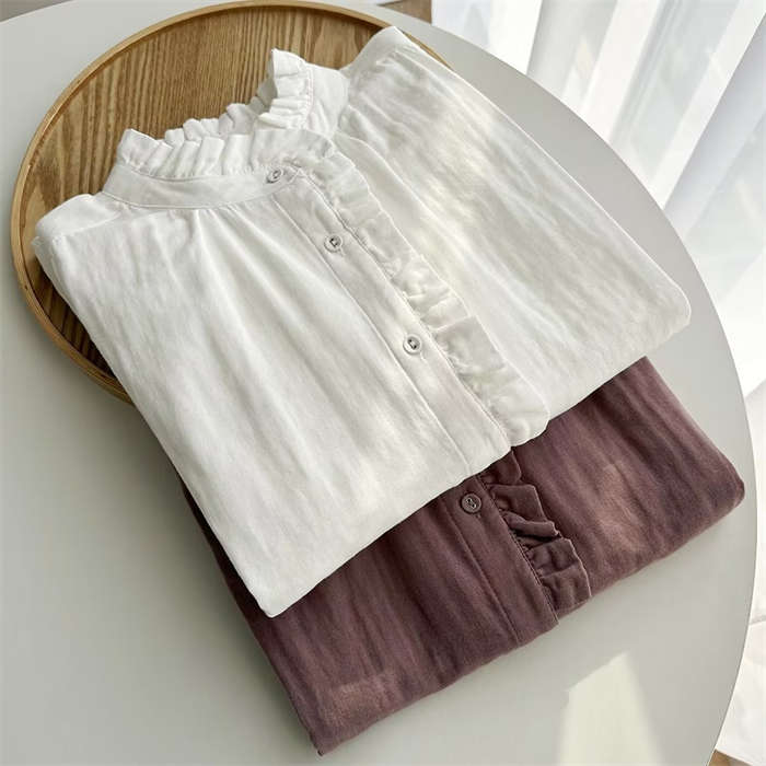 シャツ レディース 長袖 オフィス お洒落 ブラウス 立ち襟 白シャツ 綿100％ ガーゼ ダブルガーゼ シャツブラウス トップス 無地 可愛い きれいめ ベーシック 体型カバー 前開き 通気性良い 通勤 大人 オフィス ビジネス OL 大人 カジュアル ホワイト パーブル F