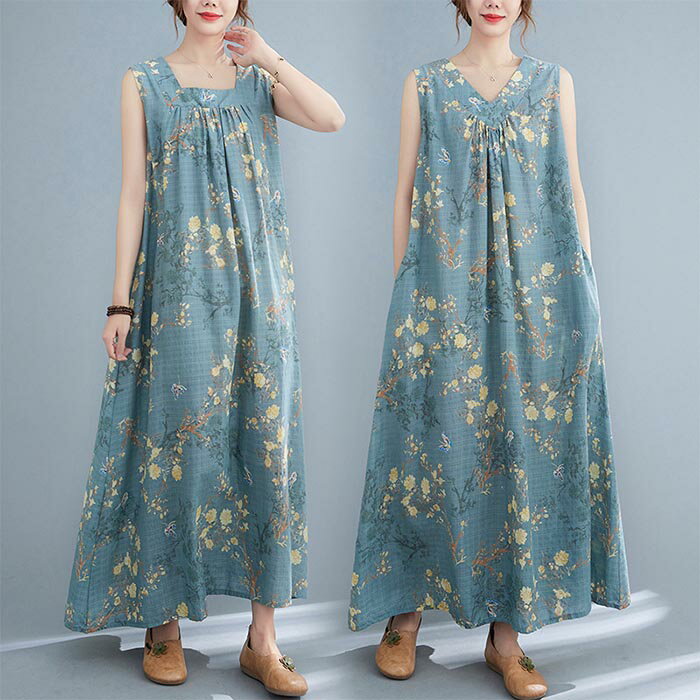 マキシワンピース ワンピース 花柄 ロングワンピース ロングチュニック 花柄 リゾートワンピース エスニック ワンピ ノースリーブ 大きいサイズ カジュアル 大人 春 夏 20代 30代40代 ゆったり 体型カバー ボヘミアン きれいめ 楽ちん 軽い ナチュラルのサムネイル