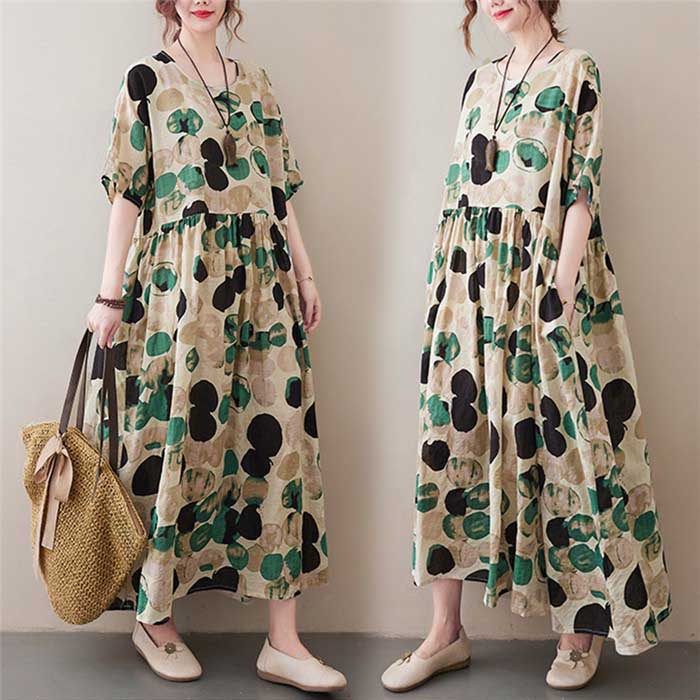 ワンピース ロングワンピース マキシワンピース エスニックワンピース コットンリネン 綿麻 花柄 総柄 プリント リゾートワンピース ワンピ 五分袖 半袖 大きいサイズ カジュアル 大人 春 夏 20代30代40代50代 ゆったり 体型カバー きれいめ