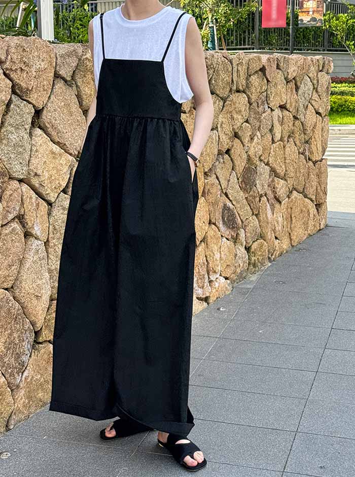 オールインワン レディース サロペット スクエアネック ワイドパンツ ロング丈 きれいめ ワンピース オーバーオール コンビネゾン 夏 ワイド ゆったり セレカジ キャミワンピース マタニティ 体型カバー ブラック グレー 春 夏 秋 冬