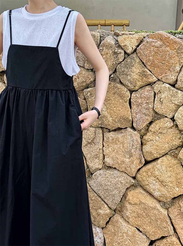 オールインワン レディース サロペット スクエアネック ワイドパンツ ロング丈 きれいめ ワンピース オーバーオール コンビネゾン 夏 ワイド ゆったり セレカジ キャミワンピース マタニティ 体型カバー ブラック グレー 春 夏 秋 冬