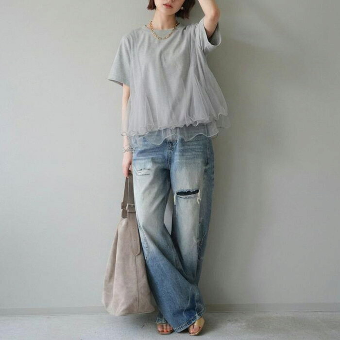 カットソー レディース トップス 半袖 Tシャツ チュール レイヤード 重ね着 異素材 ドッキング シアー 透け感 薄手 ロング ティーシャツ ビック チュニック 体型カバー 無地 グレー 黒 白 春 夏
