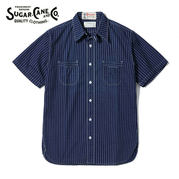 シュガーケーンSC36267A FICTION ROMANCE 8.5oz. WABASH STRIPE WORK SHIRT (SHORT SLEEVE)　シャツ 半袖 半袖シャツ メンズ ストライプ ブルー ワークシャツ ヴィンテージ 東洋エンタープライズ アメカジ 春夏 トップス コットン 日本製 
