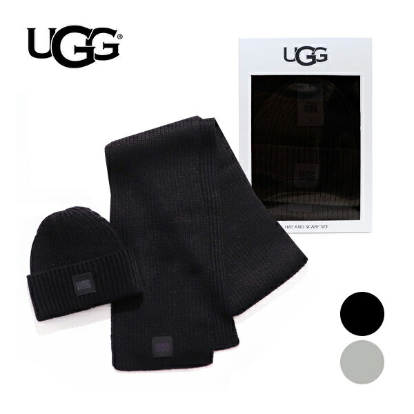 アグ【UGG】101733 Chunky Rib Knit Set チャンキー リブ ニット セット マフラー スカーフ SCARF ビーニー ニット帽 ロゴ レディース LADIES プレゼント ギフト 防寒 冬 ブランド クリスマス 通勤 通学 LightGrey Black ライトグレー ブラック【送料無料】
