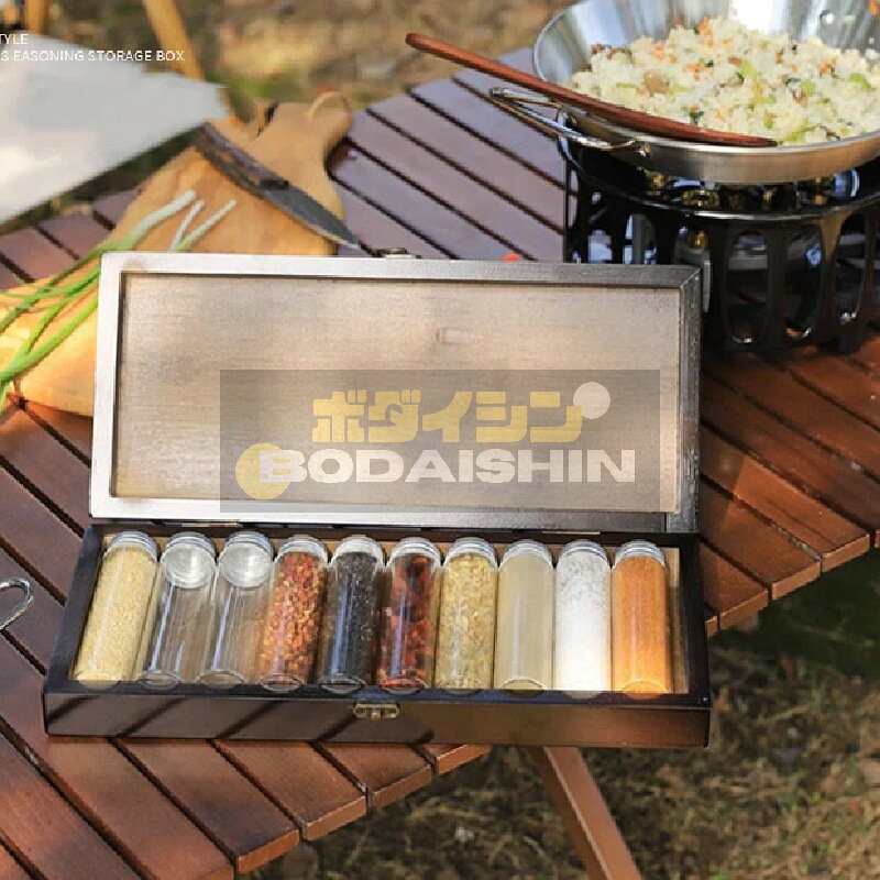 Rakuten - 屋外レトロ木製調味料ボックスマルチボトル缶コンビネーション調味料ボトル塩胡椒バーベキューキャンプピクニックセット
