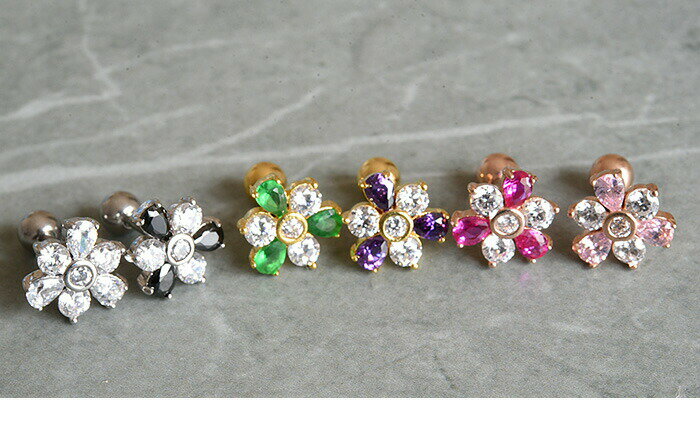 ボディピアス 16g 花 フラワー 耳たぶ ピアス 軟骨ピアス 軟骨 耳用 イヤーロブ 軟骨用 トラガス ヘリックス ジュエル ビジュー サージカルステンレス 金属アレルギー対応