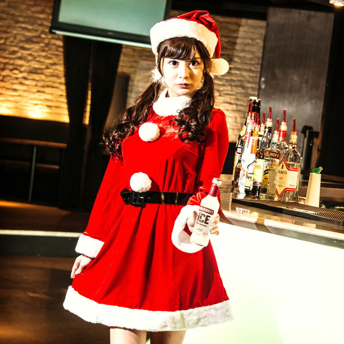 サンタ コスプレ レディース セクシー クリスマス コスチューム サンタクロース 衣装 仮装 サンタ帽 帽子 ワンピース 長袖 ベルト 黒 可愛い Aライン 3点 セット 可愛い ハイネック クリスマス特集 あす楽 即納