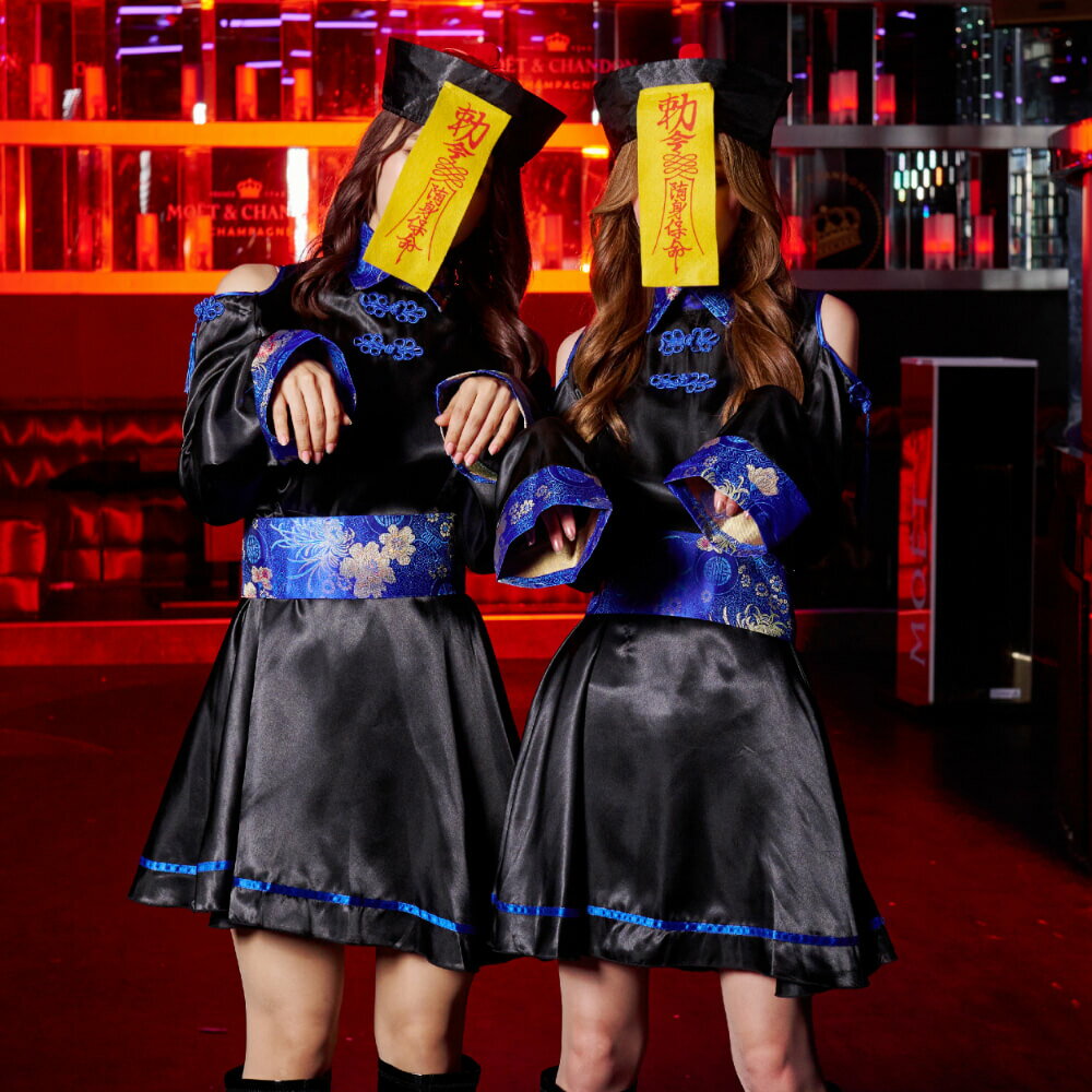 キョンシー コスプレ 衣装 女性 お揃い ペア 肩出し ミニ丈 長袖 フレア ミニワンピ ワンピース 帽子 お札 簡単 フルセット 大きいサイズ 仮装 コスチューム 可愛い セクシー 大人 レディース コスプレ衣装 かわいい 即納