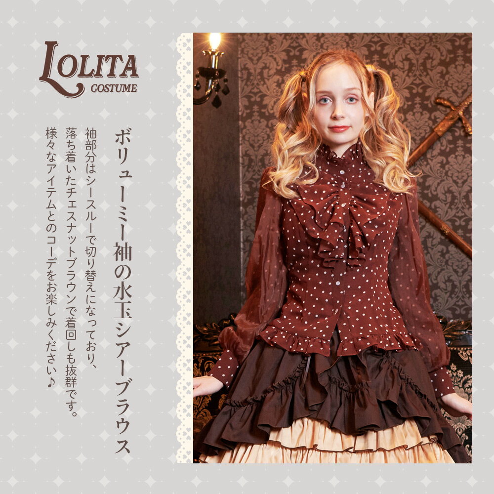 ロリータ ブラウス ドット 水玉 水玉模様 ハイネック ボリューミー袖 長袖 シースルー シアー ファンシー ロリィタ 仮装 ゴスロリ ゴシック パーティー Lolita リボン フリル 衣装 3