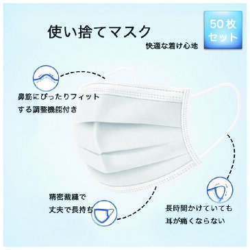 【4/20以降に発送】 マスク 50枚 使い捨て 使い捨てマスク 白 白色 レギュラー 男女兼用 大人 立体 伸縮性 ウィルス飛沫 花粉 防寒 PM2.5 フィルター 箱 ハウスダスト 風邪 対策 耳が痛くならない 大きいサイズ 在庫あり