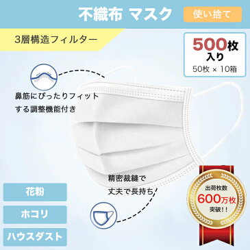 【4/24以降に発送】 マスク 500枚 使い捨て 使い捨てマスク 在庫あり 箱 男女兼用 大人 立体 伸縮性 ウィルス飛沫 花粉 防寒 PM2.5 ハウスダスト 風邪 対策 耳が痛くならない 大きいサイズ 在庫あり マスク 50枚