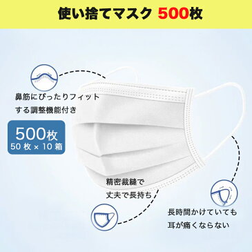 【4/24以降に発送】 マスク 500枚 使い捨て 使い捨てマスク 在庫あり 箱 男女兼用 大人 立体 伸縮性 ウィルス飛沫 花粉 防寒 PM2.5 ハウスダスト 風邪 対策 耳が痛くならない 大きいサイズ 在庫あり マスク 50枚