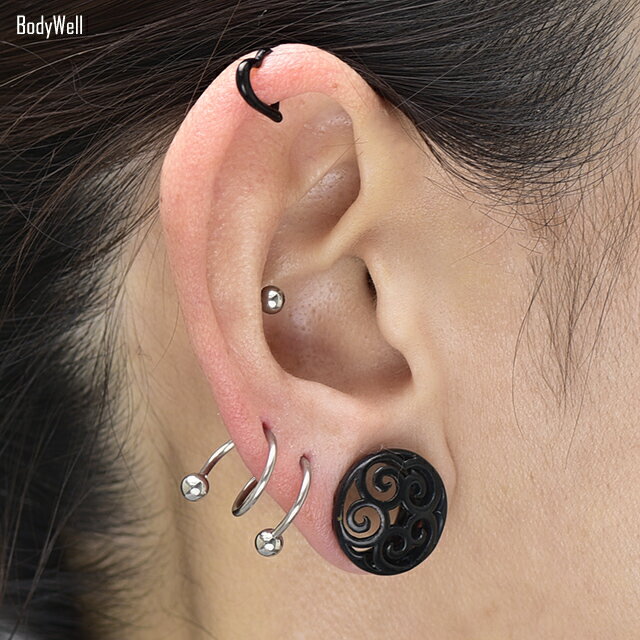 ボディピアス 16G 2つのホールを繋ぐ ダブルスパイラル スパイラルバーベル オービタル ロブ へリックス ロック 口ピアス