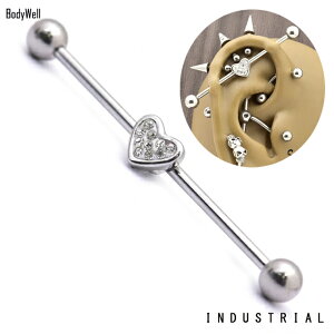 14Gクリスタルハートインダストリアルロングバーベルストレートピアスボディピアス【BodyWell】