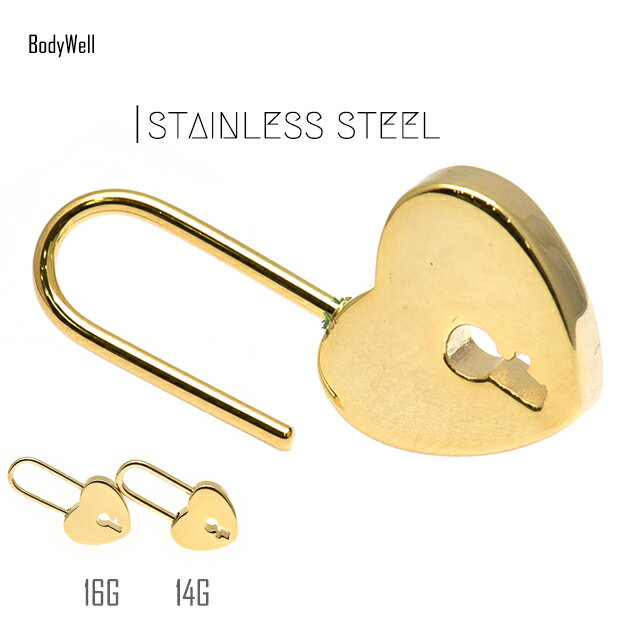 ボディピアス 16G 14G ゴールド ハート 南京錠 リングピアス 耳たぶ 軟骨ピアス ステンレスピアス