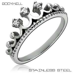 人気王冠クラウンクリスタルストーン指輪リングステンレスアレルギーフリーレディースアクセサリー【BodyWell】