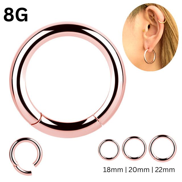 ボディピアス 8G 内径大きめ ピンクゴールド つけっぱなし ワンタッチ クリッカーピアス フープピアス リングピアス 拡張ピアス