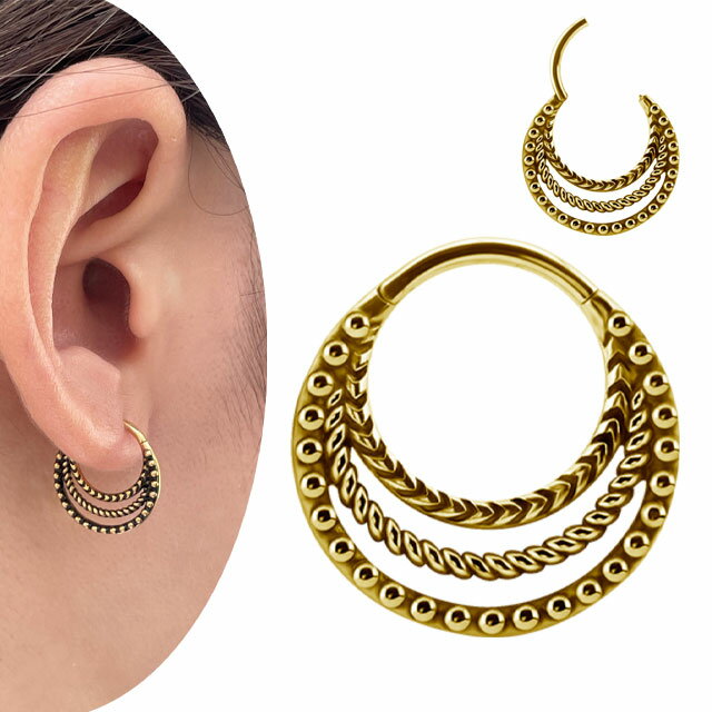 ワンタッチピアス 16G ゴールド ねじり 半円 クリッカー リングピアス ステンレスピアス つけっぱなし ..