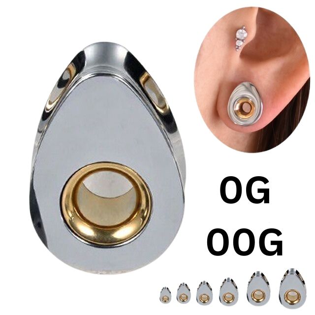 ボディピアス 0G 00G ティアドロップ INゴールド ダブルフレア ラージゲージ 拡張 トンネルピアス ステンレスピアス つけっぱなし