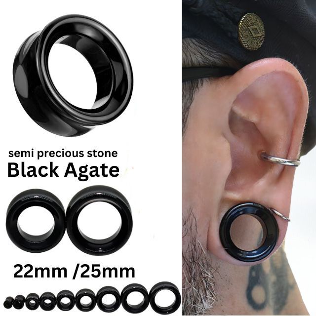 天然黒瑪瑙 ブラックアゲート 天然石ピアス 22mm 25mm ダブルフレア 金属アレルギー対応 つけっぱなし ボディピアス専門店 メンズピアス 拡張ピアス
