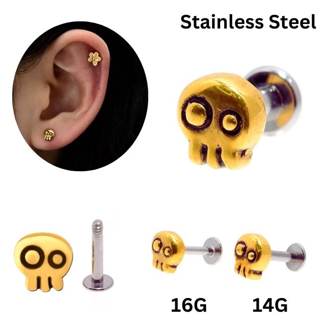 素材 サージカルステンレス316LにゴールドPVD サイズ ゲージサイズ16G(デザインサイズ約5.7mm×5.6mm)ゲージサイズ14G(デザインサイズ約6.3mm×6mm)ラブレット(内径)サイズ選べます 特徴 人気のスカルデザインは愛...