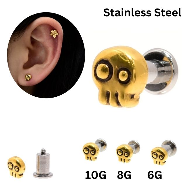 ボディピアス 10G 8G 6G ゴールド スカル 骸骨 金属アレルギー対応 ステンレスピアス ロブ ヘリックス アウターコンク 軟骨ピアス 舌ピアス ラブレットスタッズ つけっぱなし